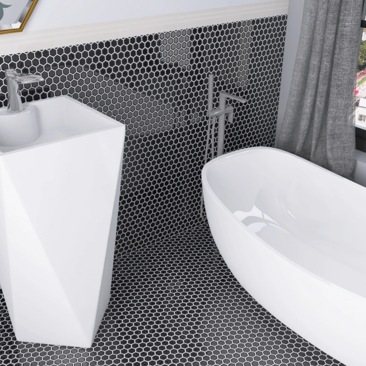 1" Black Hexagon Tile
