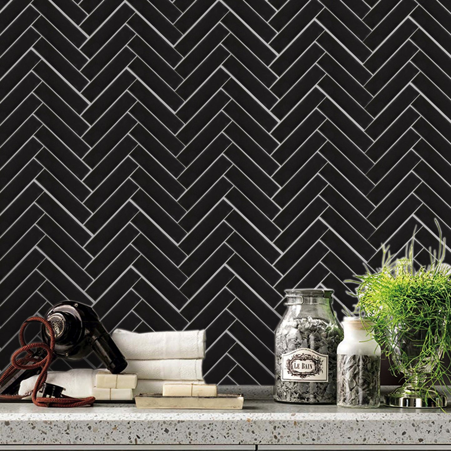 2"x8" Herringbone Tile in Matte Black