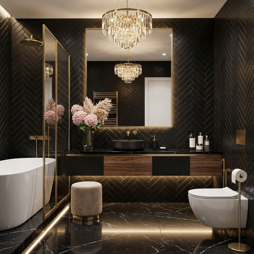 2"x8" Herringbone Tile in Matte Black