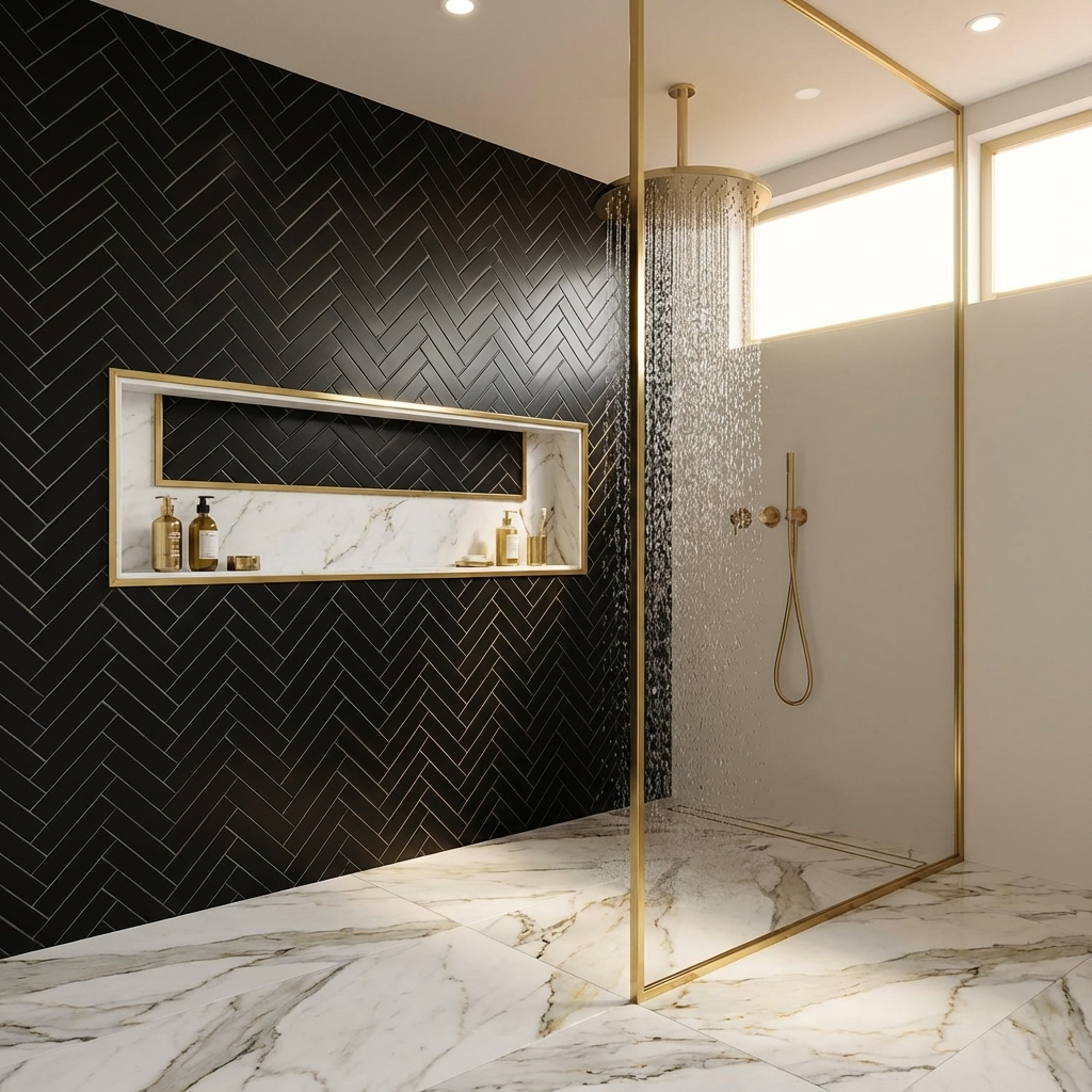 2"x8" Herringbone Tile in Matte Black