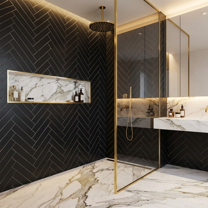 2"x8" Herringbone Tile in Matte Black