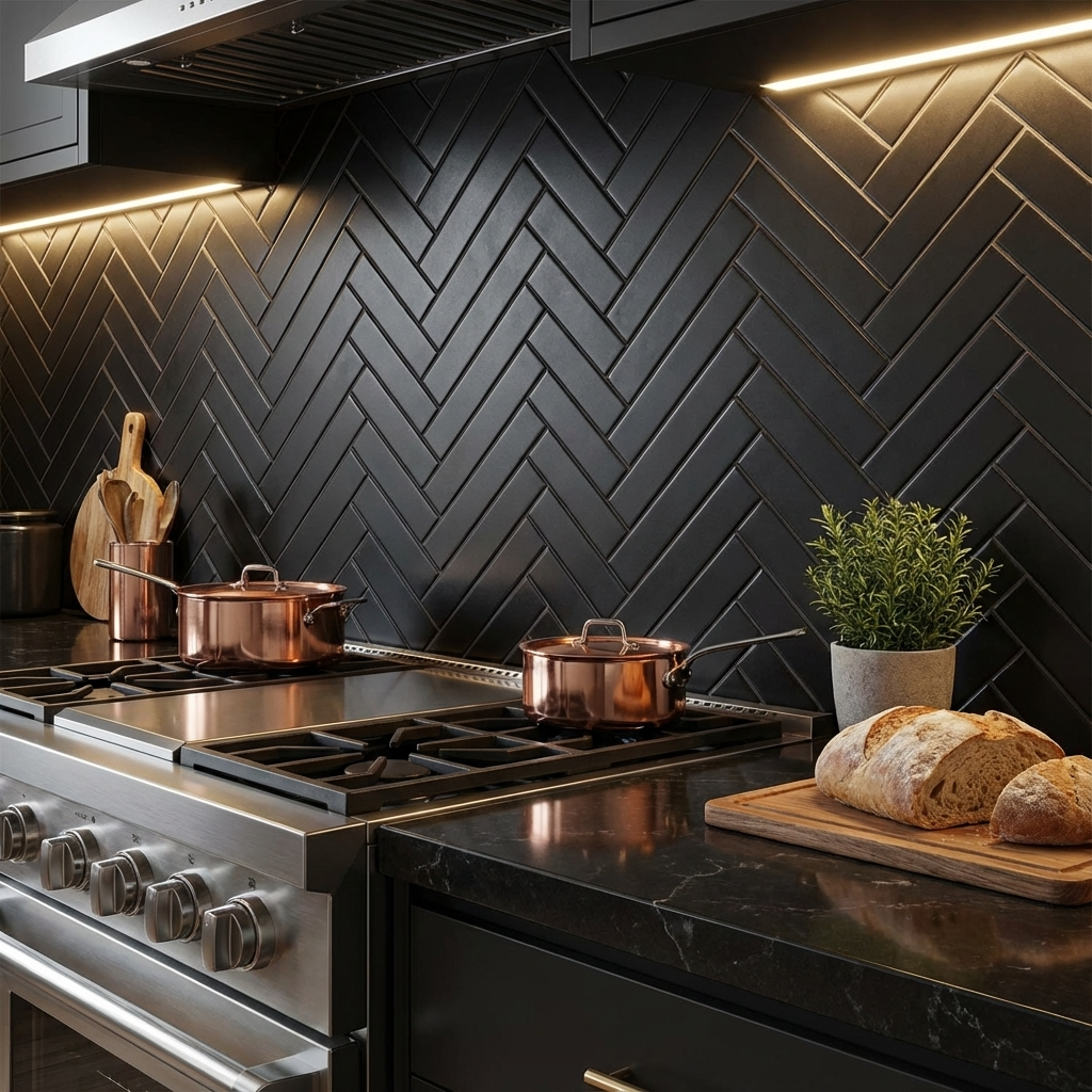 2"x8" Herringbone Tile in Matte Black