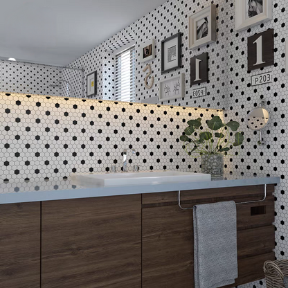 1" Hexagon Mosaic Tile in Matte Black & White - 10" x 12"