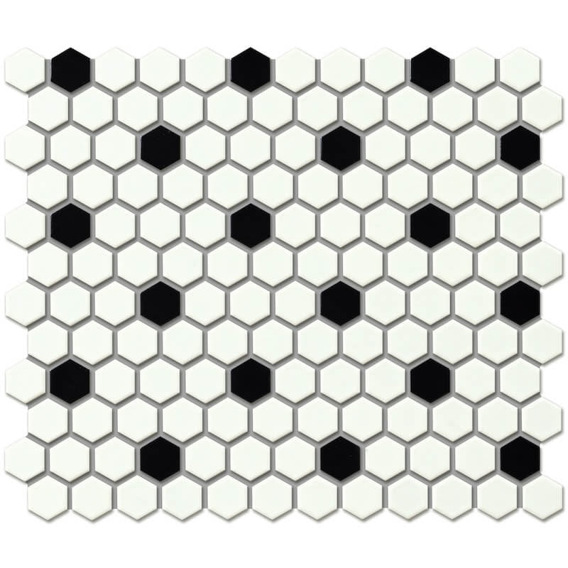 1" Hexagon Mosaic Tile in Matte Black & White - 10" x 12"