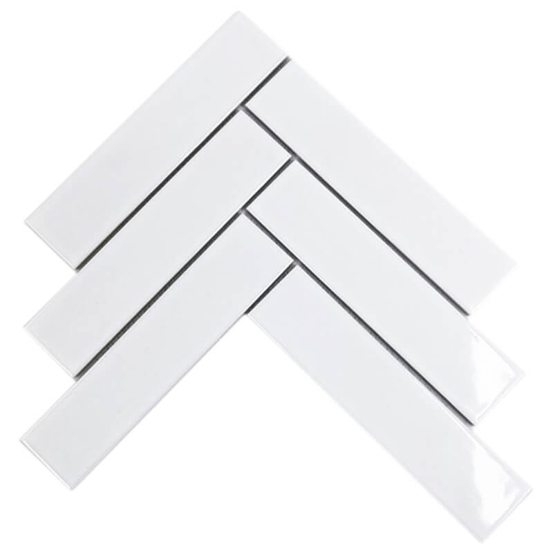 2"x8" Herringbone Mosaic Tile in Glossy White - 8" x 11"