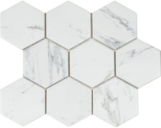 4" Hexagon Tile in Matte Carrara